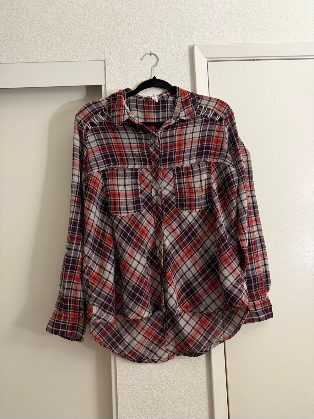 Free People Plaid Button-Up Shirt in Red, Purple, White